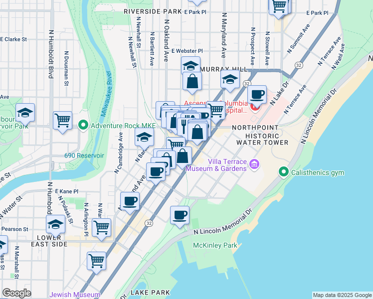 map of restaurants, bars, coffee shops, grocery stores, and more near 1903 East Kenilworth Place in Milwaukee