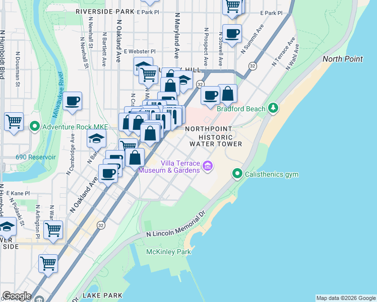 map of restaurants, bars, coffee shops, grocery stores, and more near 2245 North Lake Drive in Milwaukee