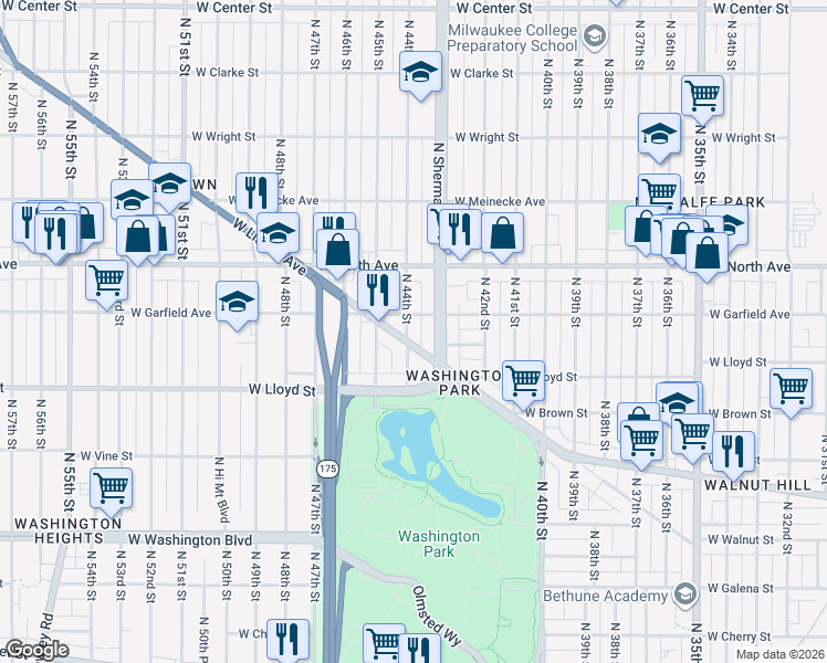 map of restaurants, bars, coffee shops, grocery stores, and more near 2174 North 44th Street in Milwaukee