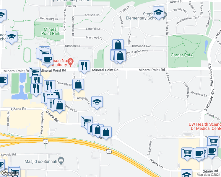 map of restaurants, bars, coffee shops, grocery stores, and more near 6145 Mineral Point Road in Madison