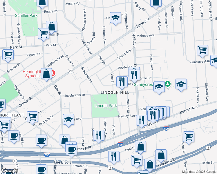 map of restaurants, bars, coffee shops, grocery stores, and more near 210 Pattison Street in Syracuse