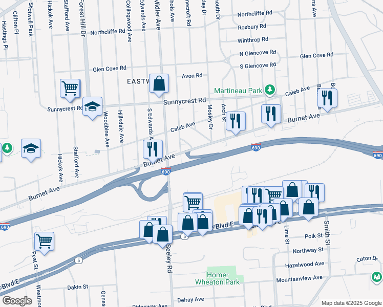 map of restaurants, bars, coffee shops, grocery stores, and more near 2401 Burnet Avenue in Syracuse
