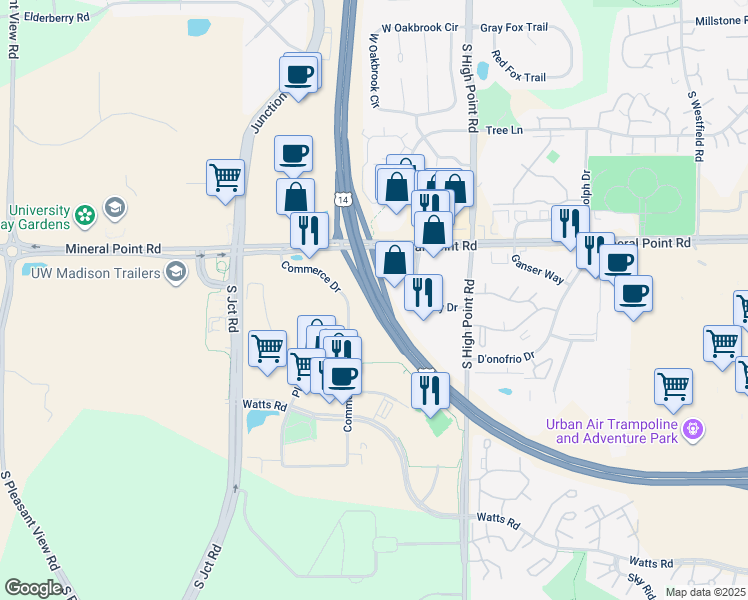 map of restaurants, bars, coffee shops, grocery stores, and more near W Beltline Hwy in Madison