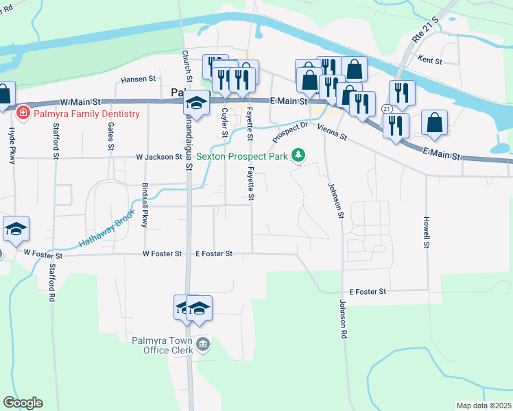 map of restaurants, bars, coffee shops, grocery stores, and more near 256 Fayette Street in Palmyra