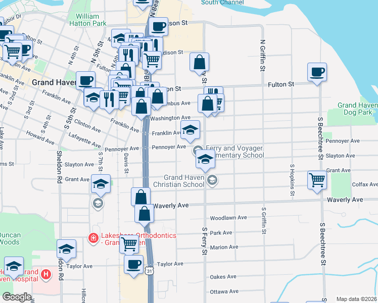 map of restaurants, bars, coffee shops, grocery stores, and more near 1020 Pennoyer Avenue in Grand Haven