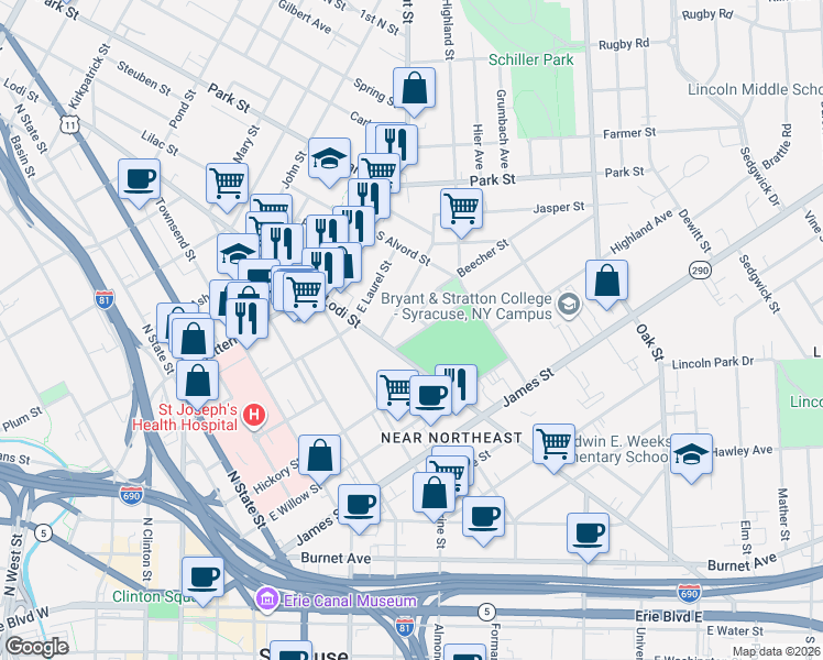 map of restaurants, bars, coffee shops, grocery stores, and more near 121 Douglas Street in Syracuse
