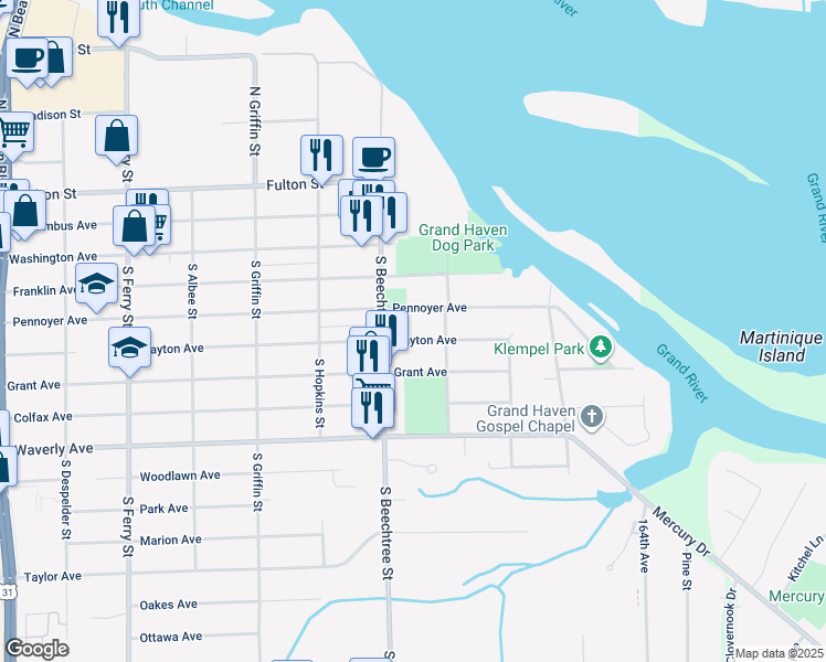 map of restaurants, bars, coffee shops, grocery stores, and more near 1521 Slayton Avenue in Grand Haven