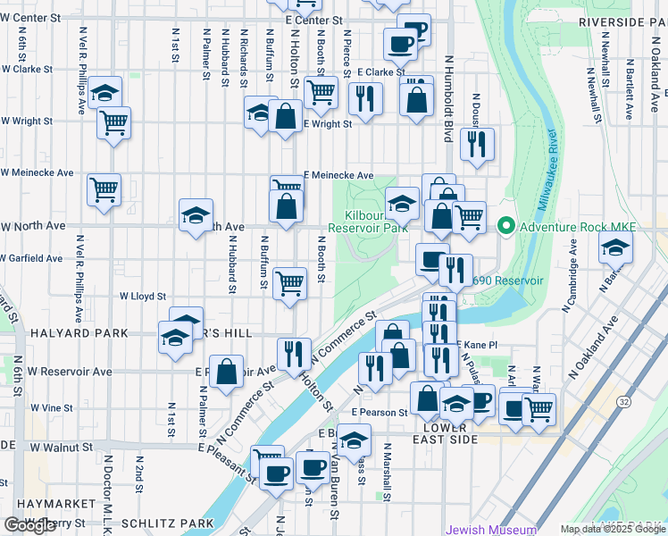 map of restaurants, bars, coffee shops, grocery stores, and more near 615 East Garfield Avenue in Milwaukee