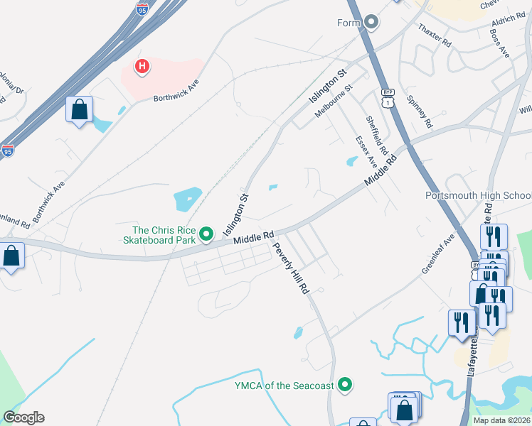 map of restaurants, bars, coffee shops, grocery stores, and more near 1 Plains Avenue in Portsmouth