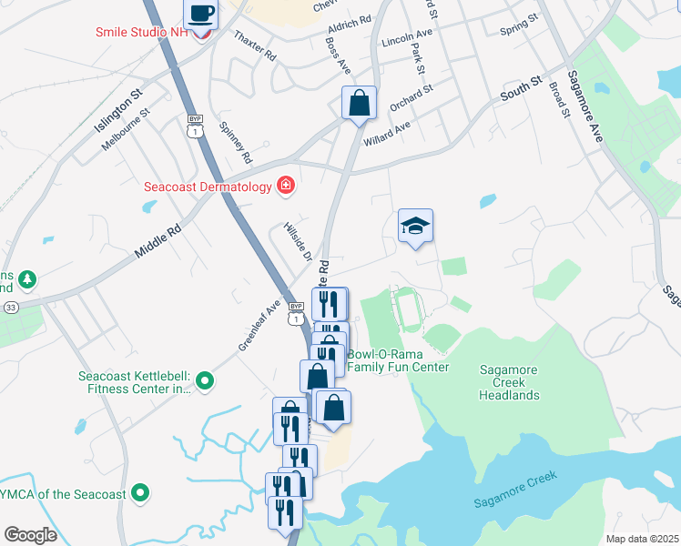 map of restaurants, bars, coffee shops, grocery stores, and more near 50 Andrew Jarvis Drive in Portsmouth