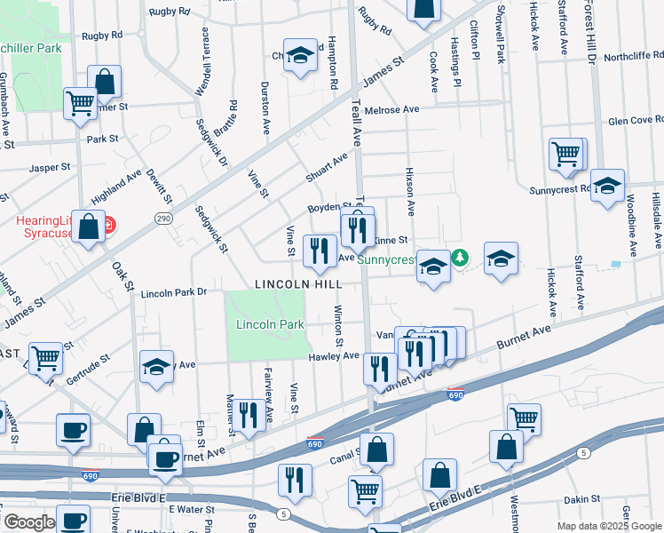 map of restaurants, bars, coffee shops, grocery stores, and more near 108 Herbst Avenue in Syracuse