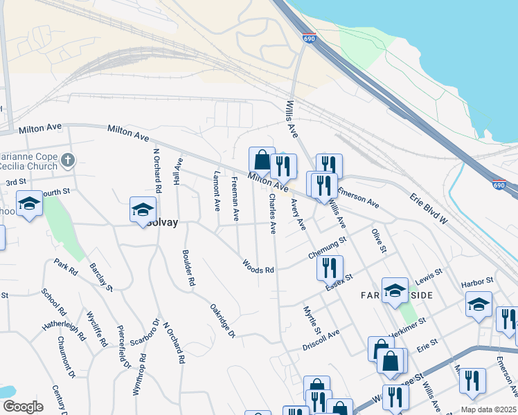 map of restaurants, bars, coffee shops, grocery stores, and more near 119 Caroline Avenue in Syracuse