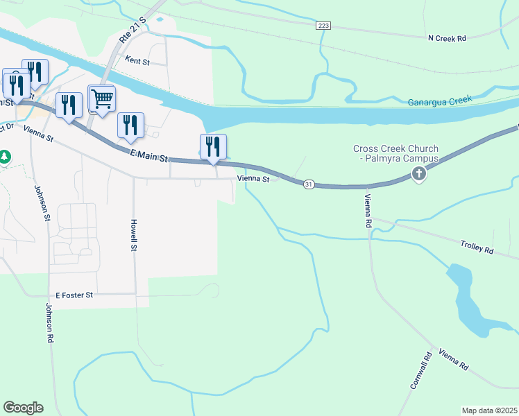 map of restaurants, bars, coffee shops, grocery stores, and more near 3548 Vienna Street in Palmyra