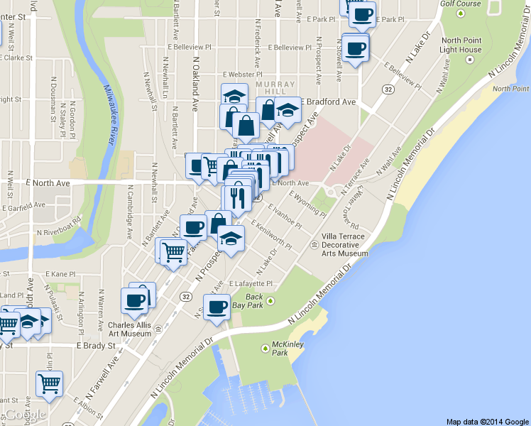 map of restaurants, bars, coffee shops, grocery stores, and more near 2233 North Summit Avenue in Milwaukee