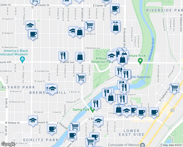 map of restaurants, bars, coffee shops, grocery stores, and more near 615 East Garfield Avenue in Milwaukee
