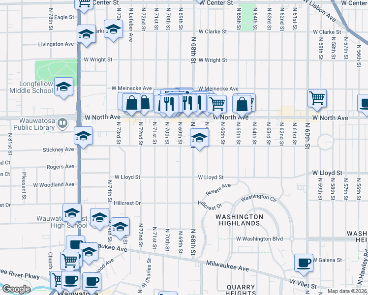 map of restaurants, bars, coffee shops, grocery stores, and more near 2203 North 69th Street in Wauwatosa