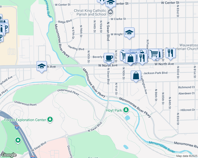 map of restaurants, bars, coffee shops, grocery stores, and more near 9315 Jackson Park Boulevard in Wauwatosa