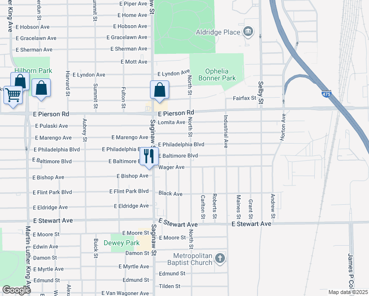 map of restaurants, bars, coffee shops, grocery stores, and more near 768 East Philadelphia Boulevard in Flint