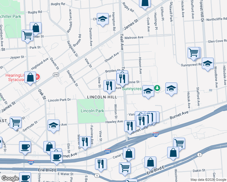map of restaurants, bars, coffee shops, grocery stores, and more near 108 Herbst Avenue in Syracuse