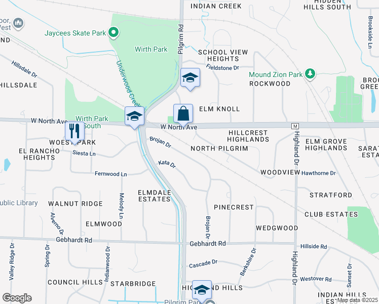 map of restaurants, bars, coffee shops, grocery stores, and more near 15370 Brojan Drive in Elm Grove