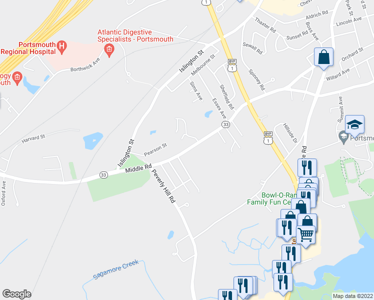 map of restaurants, bars, coffee shops, grocery stores, and more near 768 Middle Rd in Portsmouth