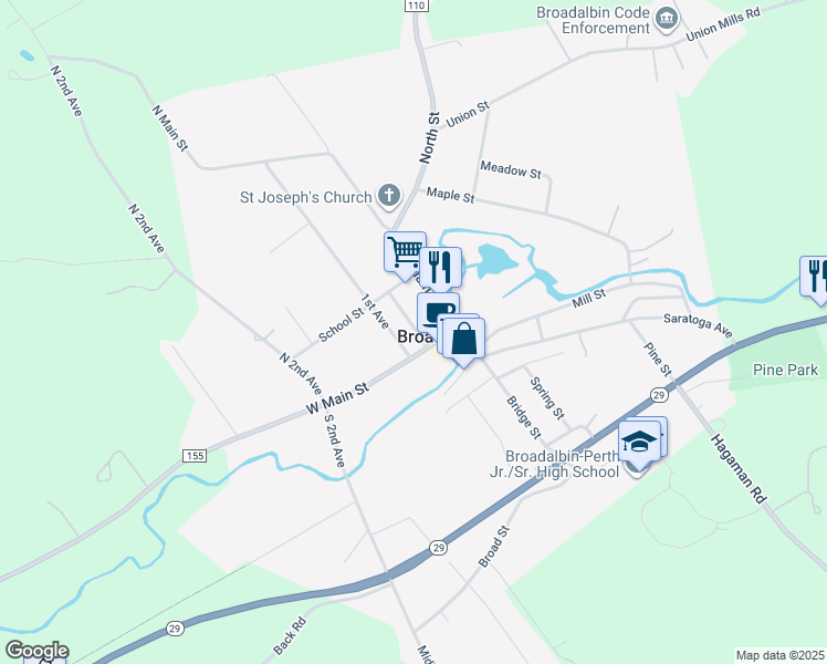 map of restaurants, bars, coffee shops, grocery stores, and more near 13 Center Street in Broadalbin