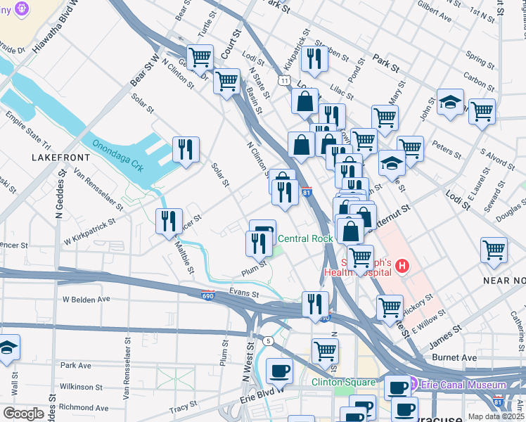 map of restaurants, bars, coffee shops, grocery stores, and more near 221 West Division Street in Syracuse