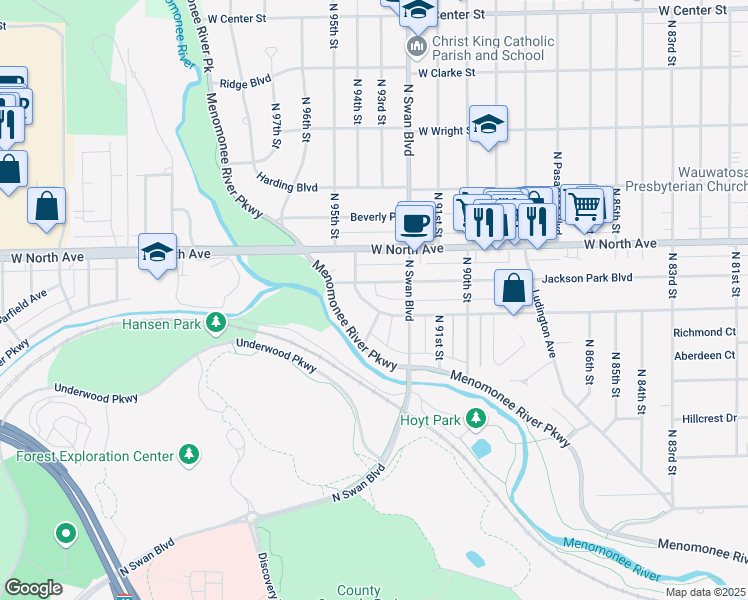 map of restaurants, bars, coffee shops, grocery stores, and more near 9315 Jackson Park Boulevard in Wauwatosa