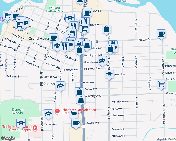 map of restaurants, bars, coffee shops, grocery stores, and more near 924 Pennoyer Avenue in Grand Haven