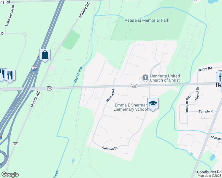map of restaurants, bars, coffee shops, grocery stores, and more near 1303 Lehigh Station Road in Henrietta