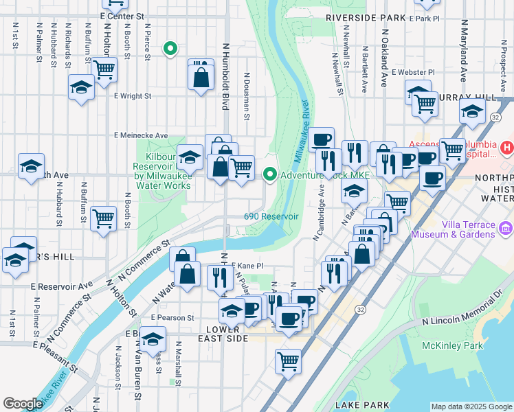 map of restaurants, bars, coffee shops, grocery stores, and more near 2175 North Commerce Street in Milwaukee