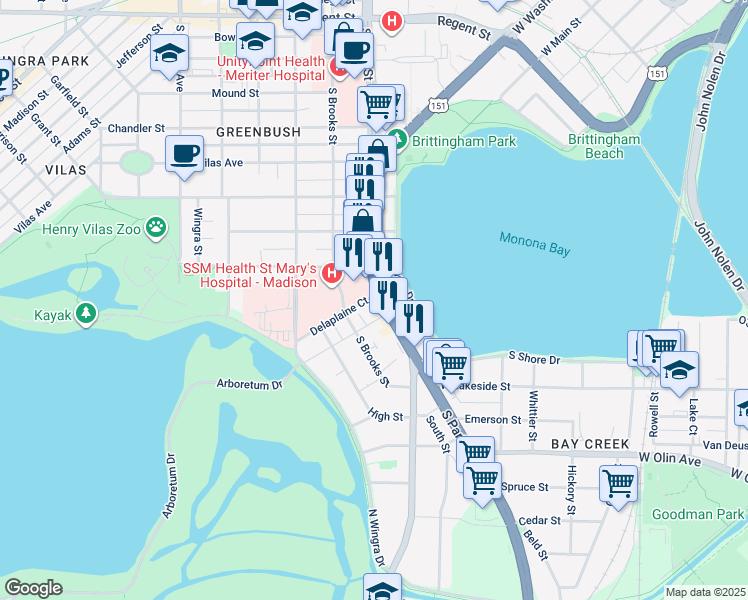 map of restaurants, bars, coffee shops, grocery stores, and more near 903 Delaplaine Court in Madison