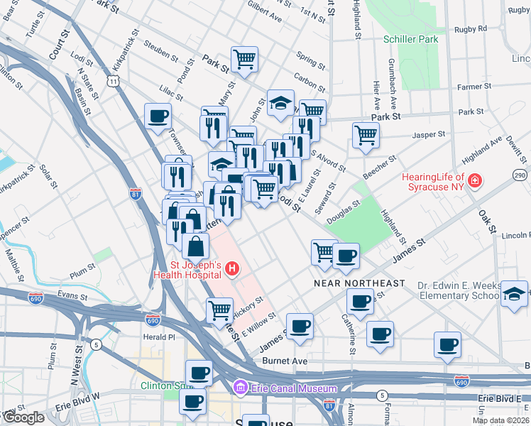 map of restaurants, bars, coffee shops, grocery stores, and more near 500 Butternut Street in Syracuse