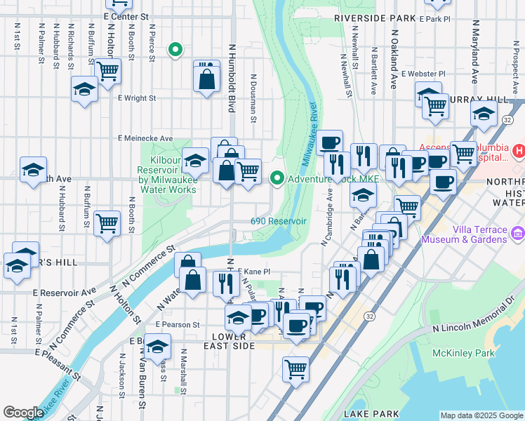 map of restaurants, bars, coffee shops, grocery stores, and more near 2175 North Commerce Street in Milwaukee