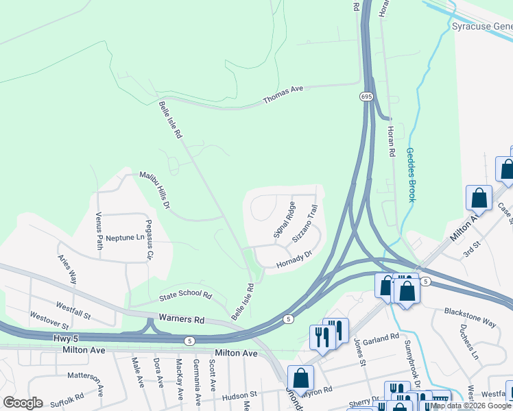 map of restaurants, bars, coffee shops, grocery stores, and more near 159 Lookout Circle in Syracuse