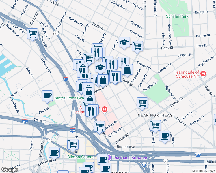 map of restaurants, bars, coffee shops, grocery stores, and more near 416 Butternut Street in Syracuse