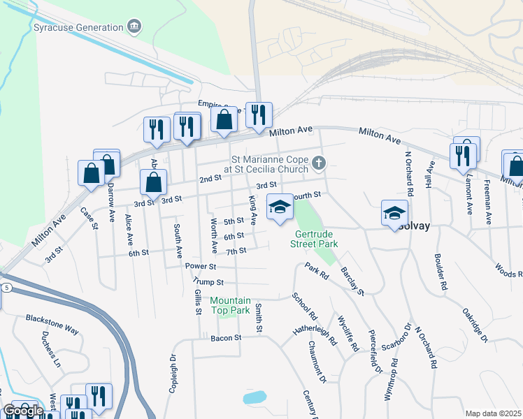 map of restaurants, bars, coffee shops, grocery stores, and more near 305 Fourth Street in Syracuse