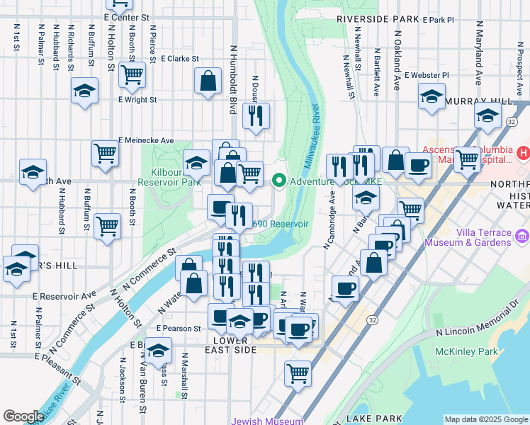 map of restaurants, bars, coffee shops, grocery stores, and more near 2175 North Commerce Street in Milwaukee
