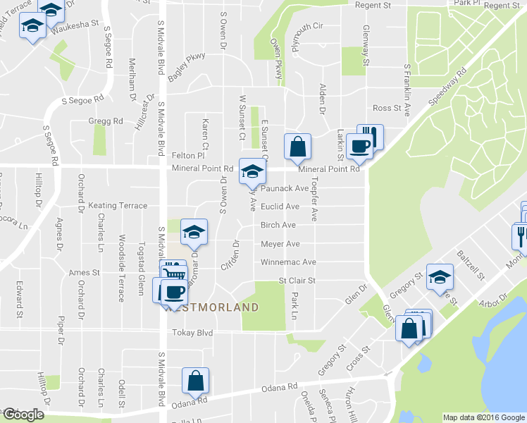 map of restaurants, bars, coffee shops, grocery stores, and more near 4123 Euclid Avenue in Madison
