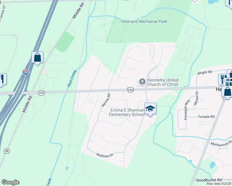 map of restaurants, bars, coffee shops, grocery stores, and more near 1321 Lehigh Station Road in Henrietta