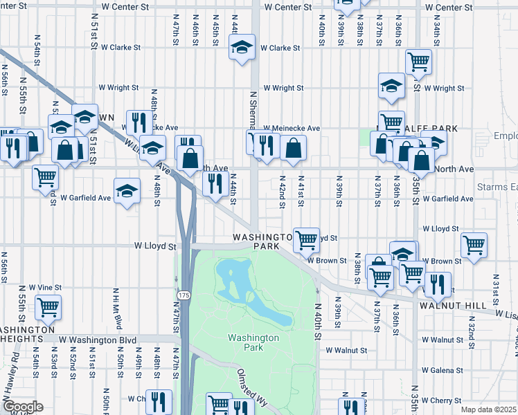 map of restaurants, bars, coffee shops, grocery stores, and more near 2172 North Sherman Boulevard in Milwaukee