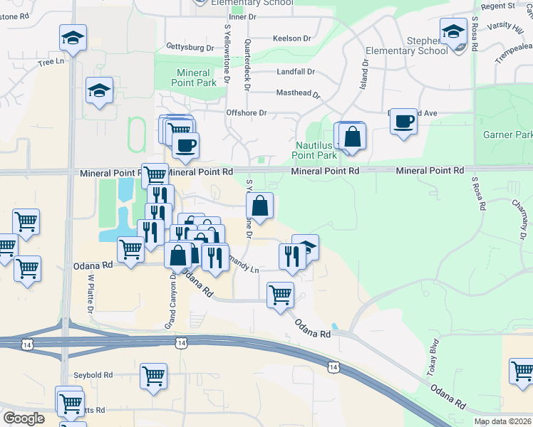 map of restaurants, bars, coffee shops, grocery stores, and more near 429 South Yellowstone Drive in Madison