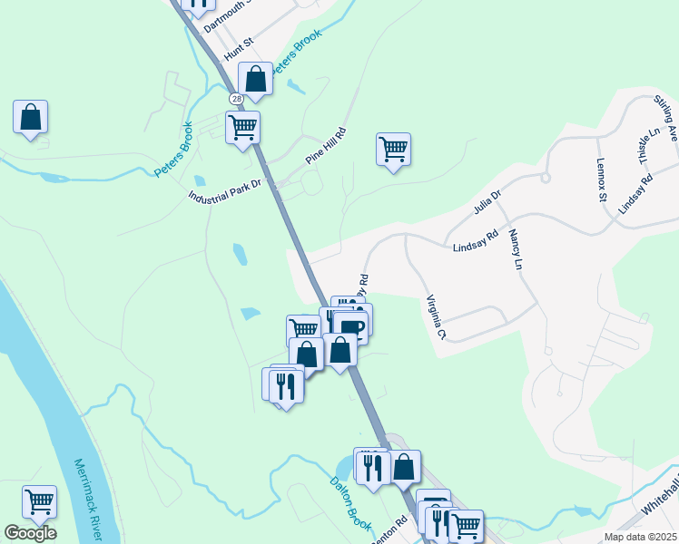 map of restaurants, bars, coffee shops, grocery stores, and more near 3 Oak Hill Road in Hooksett