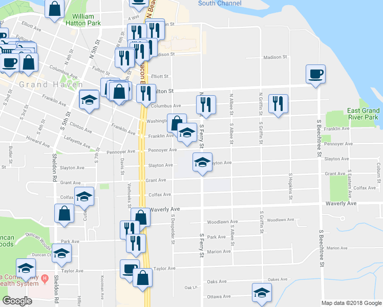 map of restaurants, bars, coffee shops, grocery stores, and more near 1050 Pennoyer Avenue in Grand Haven