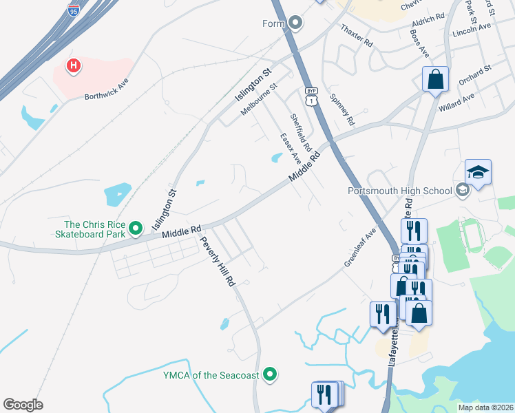 map of restaurants, bars, coffee shops, grocery stores, and more near 768 Middle Road in Portsmouth