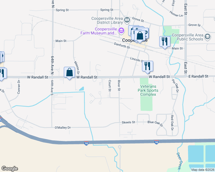 map of restaurants, bars, coffee shops, grocery stores, and more near 502 West Randall Street in Coopersville