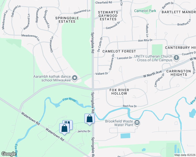 map of restaurants, bars, coffee shops, grocery stores, and more near 21970 King Arthurs Court in Brookfield
