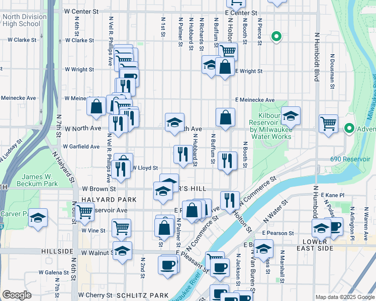 map of restaurants, bars, coffee shops, grocery stores, and more near 221 East Garfield Avenue in Milwaukee