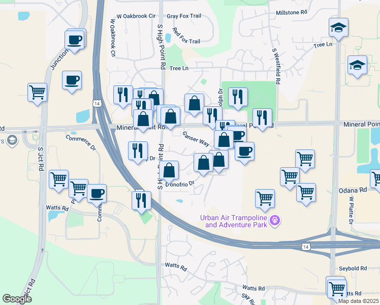 map of restaurants, bars, coffee shops, grocery stores, and more near 7618 Radcliffe Drive in Madison