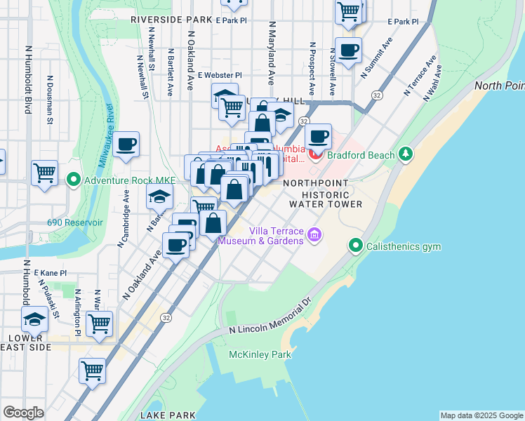 map of restaurants, bars, coffee shops, grocery stores, and more near 2233 North Summit Avenue in Milwaukee